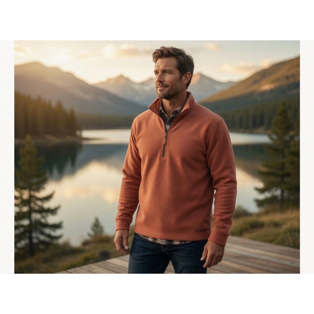Simms Fishing Products Mens 2XL Coral Orange Quarter Zip Fleece Pullover Sweater